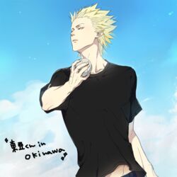  1boy ball baseball black_shirt blonde_hair cloud from_below holding holding_ball male_focus midriff_peek one_outs shirt sic77 sky solo spiked_hair tokuchi_toua 