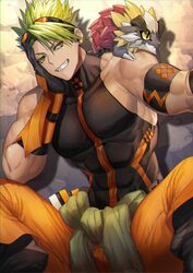  1boy abs absurdres achilles_(fate) achilles_(fearless_diver)_(fate) bad_id bad_twitter_id baggy_pants bara bare_shoulders clothes_around_waist covered_abs creature fate/apocrypha fate/grand_order fate_(series) goggles goggles_on_head green_hair grin highres jacket jacket_around_waist large_pectorals male_focus muscular muscular_male none_(kameko227) official_alternate_costume on_shoulder orange_pants pants pectorals shirt short_hair sidepec sitting sleeveless sleeveless_shirt smile solo spiked_hair tarasque_(fate) taut_clothes taut_shirt teeth yellow_eyes 