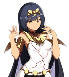  absurdres ankh armlet belt breasts character_request closed_mouth copyright_request covered_navel diadem dress egyptian egyptian_clothes eye_of_horus female gem highres jewelry long_hair looking_at_viewer nano_(nanojyaa) sleeveless small_breasts solo tan tattoo usekh_collar white_background white_dress wing_ornament yellow_eyes 