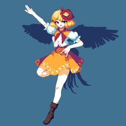  4qw5 :d bird bird_tail bird_wings blonde_hair blue_background brown_footwear chick commentary dress english_commentary female looking_at_viewer lowres multicolored_hair niwatari_kutaka open_mouth orange_dress pixel_art red_eyes red_hair shirt short_hair simple_background smile solo tail touhou two-tone_hair white_shirt wings 