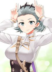  absurdres arms_up bad_link breasts closed_mouth commission commissioner_upload cosplay female fire_emblem fire_emblem:_three_houses fire_emblem_fates garreg_mach_monastery_uniform grey_eyes grey_hair hairband highres igni_tion looking_at_viewer petra_macneary petra_macneary_(cosplay) simple_background smile sophie_(fire_emblem) upper_body 