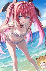  akatsuki_no_goei beach bikini blue_eyes blush bow bowtie breasts cleavage commentary female hair_ornament hairbow highres long_hair looking_at_viewer mascot multicolored_hair navel nikaidou_reika ocean outdoors red_hair small_breasts solo sonata_(akatsuki_no_goei) swimsuit symbol-only_commentary tomose_shunsaku twintails two-tone_hair 