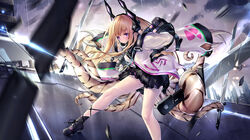  animal_hands bare_legs black_footwear black_skirt blonde_hair blush boots breasts claws commentary dk.senie dutch_angle female floating_hair foot_out_of_frame high_heel_boots high_heels highres holding holding_sword holding_weapon jacket leaning_forward long_hair long_sleeves looking_at_viewer medium_breasts miniskirt monster_girl multiple_swords original parted_lips purple_eyes skirt solo sword symbol-only_commentary tentacle very_long_hair weapon white_jacket 