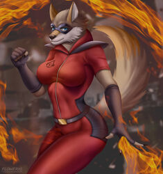  absurd_res action_pose anthro belt belt_buckle bodysuit breasts buckle canid canine canis clothing elemental_manipulation fan_character female fire fire_manipulation flowerxl hero hi_res legend_of_ahya mammal mask murana_wolford_(darkflame-wolf) pose skinsuit solo suit suit_symbol tight_clothing wolf 