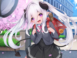  :d backpack bag black_hat black_jacket black_skirt bow building character_request cherry_blossoms collared_shirt commentary_request day demon_girl demon_horns demon_tail eyes_visible_through_hair female hair_between_eyes hashiko_nowoto hat highres holding_strap horns jacket long_hair long_sleeves looking_at_viewer monster_company outdoors pink_bow pleated_skirt purple_eyes randoseru shirt skirt smile solo tail tree twintails unworn_hat unworn_headwear very_long_hair white_hair white_shirt wind window 