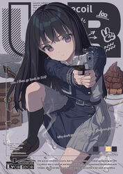  absurdres aiming aiming_at_viewer artist_name bag belt black_hair black_socks blue_belt blue_dress box brown_footwear bullet cake character_age character_name character_profile closed_mouth collared_shirt color_guide commentary cover dress english_text fake_magazine_cover female finger_on_trigger food full_body goshichi_shoji green_ribbons grey_background grey_dress gun hair_between_eyes handgun highres holding holding_gun holding_weapon inoue_takina knee_up kneehighs loafers long_hair long_sleeves looking_at_viewer lycoris_recoil lycoris_uniform magazine_cover neck_ribbon on_one_knee parfait pleated_dress poop_parfait purple_background purple_eyes reference_inset ribbon school_uniform shell_casing shirt shoes simple_background sitting smoke socks solo squatting straight_hair two-tone_dress uniform very_long_hair weapon 