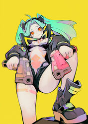  absurdres ahoge aiming aiming_at_viewer artificial_eye black_bra black_footwear black_jacket black_panties blackcat_enjia bra breasts colored_skin commentary_request cyberpunk_(series) cyberpunk_edgerunners dual_wielding fang_out female finger_on_trigger from_below green_hair gun handgun highres holding jacket leg_tattoo leg_up long_hair looking_at_viewer mechanical_eye medium_breasts neck_tattoo oerba_yun_fang panties rebecca_(cyberpunk) red_eyes red_pupils samurai_jacket_(cyberpunk) solo stomach_tattoo tattoo twintails underwear weapon white_skin yellow_background 