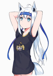  absurdres ahoge animal_ears arm_behind_head armpit_peek bad_id bad_twitter_id blue_eyes blue_headband breasts commentary cropped_legs determined english_commentary female fox_ears fox_girl fox_tail grey_hair headband highres hololive long_hair looking_at_viewer looking_up medium_breasts no_pants print_shirt shirakami_fubuki shirt simple_background solo tail v-shaped_eyebrows virtual_youtuber white_background yuikannon 