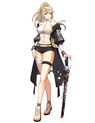  absurdres bandages bare_shoulders belt black_jacket black_shorts blonde_hair blue_eyes breasts closers crop_top crossed_legs elbow_gloves female fingerless_gloves floating_hair full_body gloves gradient_hair grey_socks grin harpy_(closers) highres jacket large_breasts long_hair looking_at_viewer micro_shorts midriff mole mole_under_eye multicolored_hair navel off_shoulder official_art open_clothes open_jacket ponytail shirt shoes shorts sleeveless sleeveless_shirt slit_pupils smile sneakers socks solo standing stomach tachi-e thigh_strap thighs watson_cross white_background white_gloves white_shirt yellow_footwear 