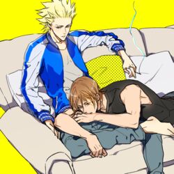  2boys black_tank_top blonde_hair blue_jacket blue_pants cigarette commentary_request couch crossed_legs holding holding_cigarette jacket jewelry light_brown_hair lying male_focus multiple_boys on_lap on_stomach one_outs pants partial_commentary pillow ring sic77 smoke smoking spiked_hair takami_itsuki tank_top tokuchi_toua yaoi yellow_background 