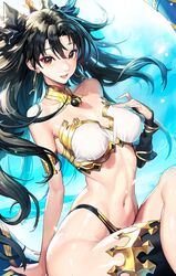  armlet bikini black_hair black_thighhighs bracelet breasts detached_sleeves earrings fate/grand_order fate_(series) female gold_trim hair_ribbon hand_on_own_chest heavenly_boat_maanna highres hoop_earrings ishtar_(fate) jewelry long_hair looking_at_viewer medium_breasts mismatched_bikini navel neck_ring open_mouth parted_bangs punc_p red_eyes ribbon single_detached_sleeve single_thighhigh smile solo swimsuit thighhighs thighlet thighs tiara two_side_up 