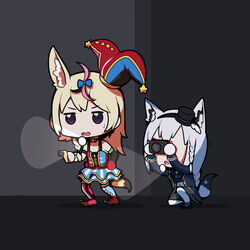  2girls animal_ears bad_id bad_twitter_id black_hairband black_headwear blonde_hair blue_jacket braid camera chibi clown commentary elbow_gloves english_commentary flashlight fox_ears fox_girl gloves hairband hat highres holding holding_camera hololive jacket long_hair mini_hat multiple_girls omaru_polka omaru_polka_(1st_costume) phasmophobia purple_eyes scared shirakami_fubuki shirakami_fubuki_(aristocrat_kei) single_elbow_glove single_glove virtual_youtuber walking white_hair yuikannon 