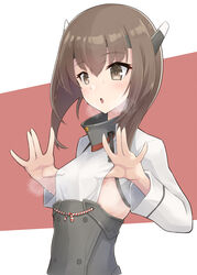  blush brown_eyes brown_hair female hair_between_eyes headband headgear highres kantai_collection kodama_(mmt_uf) long_sleeves parted_lips red_background short_hair solo sweat taihou_(kancolle) two-tone_background upper_body white_background 