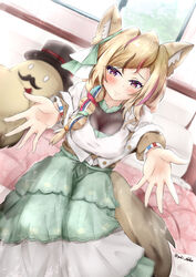  alternate_costume animal_ears blonde_hair blue_hair blush braid breasts closed_mouth ebiko_yaki facing_viewer female fox_ears fox_tail highres hololive incoming_hug indoors long_hair long_sleeves looking_at_viewer medium_breasts multicolored_hair official_alternate_costume omaru_polka omaru_polka_(street_casual) open_hands outstretched_arms outstretched_hand pink_hair purple_eyes reaching reaching_towards_viewer red_hair side_braid sitting smile spread_arms streaked_hair tail virtual_youtuber 