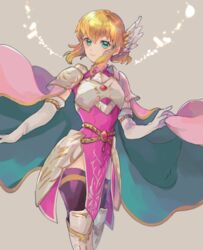  armor black_thighhighs blonde_hair boots breastplate cape commentary_request dress elbow_gloves feet_out_of_frame female fes4 fire_emblem fire_emblem:_thracia_776 gloves green_eyes grey_background looking_at_viewer nanna_(fire_emblem) pauldrons pelvic_curtain pink_dress short_hair shoulder_armor simple_background smile solo standing thighhighs white_armor white_footwear white_gloves wing_hair_ornament 