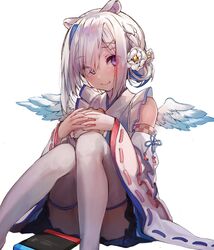  akieda amane_kanata amane_kanata_(new_year) angel_wings animal_ears asymmetrical_bangs asymmetrical_hair bad_id bad_twitter_id bare_shoulders blue_hair blush braid burger colored_inner_hair commentary_request detached_sleeves feathered_wings female flower food grey_hair hair_flower hair_ornament hair_over_one_eye highres hololive japanese_clothes maid miko mini_wings multicolored_hair nintendo_switch official_alternate_hairstyle purple_eyes short_hair single_hair_intake sitting skirt smile solo virtual_youtuber white_legwear wide_sleeves wings 