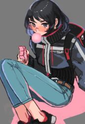  belt black_eyes black_hair blowing_bubbles blue_legwear chewing_gum commentary_request drawstring earrings female grey_background highres jewelry kaneni knees_up long_sleeves looking_over_eyewear original pink-tinted_eyewear shoes short_hair solo sunglasses tinted_eyewear 