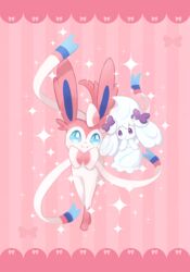  alcremie alcremie_(ribbon_sweet) alcremie_(salted_cream) ayan_(ayan_00o) blue_eyes closed_mouth commentary eye_contact full_body highres looking_at_another no_humans pink_background pokemon pokemon_(creature) prehensile_ribbon purple_eyes ribbon smile sparkle striped striped_background sylveon symbol-only_commentary trait_connection 