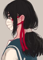  black_eyes black_hair blue_sailor_collar commentary_request coronavirus_pandemic female from_side highres kaneni long_hair mask mouth_mask original ponytail profile sailor_collar school_uniform serafuku simple_background solo surgical_mask tan_background upper_body white_mask 