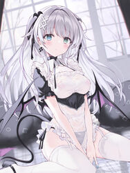  apron bare_tree bat_wings between_legs black_footwear black_panties black_ribbon blue_eyes blurry blurry_background blush breasts closed_mouth commentary curtains day dress dutch_angle expressionless female garter_belt green_eyes hair_intakes hair_ornament hair_ribbon hand_between_legs head_tilt heterochromia highres indoors long_hair looking_at_viewer medium_breasts nanananana no_pants original panties pasties puffy_short_sleeves puffy_sleeves ribbon see-through short_sleeves sitting solo symbol-only_commentary tape tape_on_nipples thighhighs tree twintails underwear v_arms wariza white_apron white_dress white_hair white_thighhighs window wings x_hair_ornament 