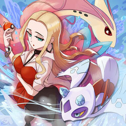  bad_id bad_pixiv_id blonde_hair breasts commentary_request female froslass green_eyes highres holding holding_poke_ball long_hair medium_breasts milotic oleana_(pokemon) pantyhose poke_ball poke_ball_(basic) pokemon pokemon_(creature) pokemon_swsh tom_(pixiv10026189) water 