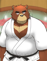  2020 anthro bear belly black_nose bottomwear brown_body brown_fur clothed clothing fur hi_res juuichi_mikazuki kemono male mammal morenatsu nekodon_san overweight overweight_anthro overweight_male pants solo 