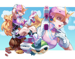  alternate_costume black_socks blonde_hair blue_eyes boots calilo commentary crossed_ankles earrings english_commentary female gloves goomba gun handgun helmet highres jewelry koopa_troopa long_hair mario_(series) nose one_eye_closed piranha_plant popped_collar princess_peach socks solo sphere_earrings unitard visor weapon white_gloves 