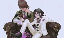  2boys :o alternate_costume black_hair blue_background brown_hair checkered_clothes checkered_necktie closed_mouth commentary constellation couch crescent crescent_pin cup danganronpa_(series) danganronpa_10th_anniversary_costume danganronpa_v3:_killing_harmony drinking_glass facial_hair foot_out_of_frame formal goatee green_jacket hand_on_own_cheek hand_on_own_face handkerchief highres holding holding_cup jacket lapel_pin lapels male_focus momota_kaito multiple_boys necktie notched_lapels official_alternate_costume oma_kokichi open_mouth purple_eyes purple_necktie red_vest shawl_lapels shirt simple_background sitting spiked_hair spill star_(symbol) star_pin suit symbol-only_commentary upper_body vest visket53 white_shirt white_suit wine_glass 