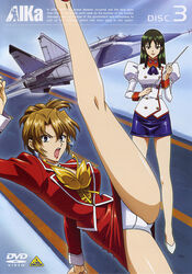  1990s_(style) 2girls agent_aika aika_(series) aircraft airplane ascot axe_kick blue_eyes breasts brown_hair closed_mouth copyright_name cover delmo_commander delmogeny_uniform dvd_cover english_text engrish_text fighter_jet folded_ponytail green_hair high_heels high_kick highres holding jacket jet juliet_sleeves kicking kneepits lipstick logo long_hair long_sleeves makeup mig-25 military military_vehicle multiple_girls official_art open_mouth panties pencil_skirt puffy_sleeves ranguage red_ascot red_jacket red_lips red_skirt retro_artstyle skirt sky split standing standing_on_one_leg standing_split sumeragi_aika underwear uniform weapon white_delmo white_jacket white_panties yamauchi_noriyasu 