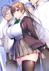  3boys black_jacket black_thighhighs blunt_bangs blush bow breasts collared_shirt commentary_request drinking_straw faceless faceless_male female fingernails green_bow highres huge_breasts jacket large_breasts long_hair looking_at_viewer mole multiple_boys open_clothes open_jacket original pleated_skirt purple_eyes school_uniform shirt shirt_tucked_in skirt thighhighs tsukumiya_amane twintails white_shirt zettai_ryouiki 