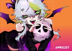  apricot_the_lich apricot_the_lich_(1st_costume) arm_strap bad_id bad_twitter_id black_dress blue_hair character_name commission comori dress female green_eyes green_hair highres holding holding_skull horns leaning_forward multicolored_hair open_mouth orange_background pointy_ears short_hair skeb_commission skull solo streaked_hair tsurime virtual_youtuber vshojo wings 