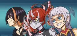  1boy 2girls aqua_eyes arched_bangs ashieda_lenri black_hair bow choker colored_skin commentary double_bun english_commentary getter_robo green_eyes grey_hair grey_skin grin hair_bun hairbow head_wings heterochromia highres hololive hololive_indonesia indie_virtual_youtuber kureiji_ollie kureiji_ollie_(1st_costume) mismatched_pupils mole mole_under_mouth multicolored_eyes multicolored_hair multiple_girls nyaring943 o-ring o-ring_choker orange_eyes orange_hair parody patchwork_skin pochimaru_(vtuber) pochimaru_(vtuber)_(2nd_costume) red_eyes red_hair sharp_teeth smile stitched_face stitches streaked_hair teeth twitter_username two-tone_hair v-shaped_eyebrows virtual_youtuber wings yellow_eyes zombie 