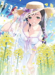  adjusting_clothes adjusting_headwear blue_flower bow bracelet braid collarbone commentary_request day dress female flower frills green_eyes grin hair_flower hair_ornament hair_ribbon hand_on_headwear hat hat_flower highres jewelry kate_iwana kodomo_no_hi koinobori leaning_forward long_hair looking_at_viewer love_live! love_live!_school_idol_project outdoors pearl_bracelet petals purple_bow purple_flower purple_hair purple_ribbon rapeseed_blossoms ribbon see-through see-through_sleeves single_braid smile solo straw_hat sun_hat sundress tojo_nozomi white_dress windsock yellow_flower 