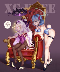  2girls absurdres ahoge ako_(blue_archive) alternate_costume arm_support armband armchair bent_over black_footwear black_pantyhose blue_archive blue_eyes blue_hair book breasts chair chinese_commentary commentary_request demon_girl demon_horns doodle_sensei_(blue_archive) fake_tail gradient_background groin hair_between_eyes hair_ornament hairband hairclip halo high_heels highleg highleg_leotard highres hina_(blue_archive) horns large_breasts leotard long_hair looking_at_another multiple_girls pantyhose parted_bangs playboy_bunny purple_eyes rabbit_tail red_armband sensei_(blue_archive) shoes sidelocks sitting small_breasts spoken_character strapless strapless_leotard tail thigh_strap unworn_shoes wavy_hair white_hair xg_epee 