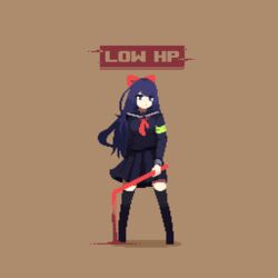  armband bad_id bad_twitter_id black_footwear black_thighhighs blood blue_hair bow brown_background dripping english_text female flotia_0127 hairbow holding holding_weapon hp_sword korean_commentary long_hair neckerchief pixel_art puddle red_bow red_neckerchief school_uniform simple_background skirt solo standing thighhighs uniform weapon 