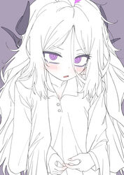  black_horns blue_archive blush buttons female hair_between_eyes highres hina_(blue_archive) hina_(pajamas)_(blue_archive) horns korean_commentary limited_palette long_hair looking_at_viewer multiple_horns nakta pajamas parted_lips purple_background purple_eyes shirt shirt_on_shoulders simple_background solo tears unfinished 