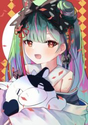  :d bad_id bad_pixiv_id bare_shoulders black_bow black_kimono blush bow brown_eyes commentary double_bun female gradient_hair green_hair hair_bun hairbow highres hololive hugging_object japanese_clothes kimono long_hair looking_at_viewer multicolored_hair new_year oerba_yun_fang off_shoulder open_mouth pink_hair smile solo streaked_hair stuffed_animal stuffed_cow stuffed_toy uruha_rushia uruha_rushia_(new_year) virtual_youtuber yuzuno_kaori 