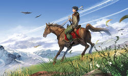  1boy aged_down akakokko_(niro_azarashi) animal armor arslan_senki bird black_footwear black_hair cape day from_behind grass headband holding horse horseback_riding jimsa_(arslan_senki) leaf long_sleeves male_focus motion_blur mountain nature outdoors photoshop_(medium) riding scenery shoes short_hair sky sword weapon wind 