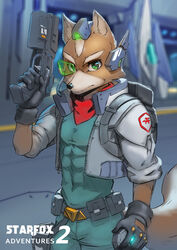  2020 abs anthro arwing backpack belt canid canine clothing english_text fox fox_mccloud fur gloves green_eyes gun handgun handwear hi_res jacket jecbrush male mammal nintendo ranged_weapon scarf solo star_fox text topwear weapon 