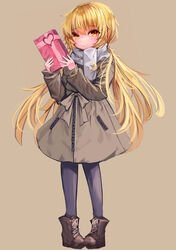  absurdres alternate_costume black_footwear black_pantyhose blonde_hair boots box box_of_chocolates coat commentary_request crescent crescent_pin cross-laced_footwear female full_body grey_coat highres jacket kantai_collection lace-up_boots logiclr long_hair pantyhose satsuki_(kancolle) scarf simple_background solo twintails valentine white_scarf yellow_eyes 