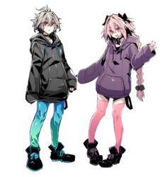  2boys :o ahoge alpha_signature alternate_costume astolfo_(fate) black_bow black_choker black_nails black_ribbon blue_legwear blue_pants blush boots bow braid choker commentary_request fate/apocrypha fate/grand_order fate_(series) full_body gradient_clothes gradient_hair gradient_pants grey_background grey_hair hair_intakes hair_ornament hair_ribbon hairbow haoro hood hood_down hoodie long_braid long_hair long_sleeves looking_at_viewer male_focus multicolored_hair multiple_boys neck_ribbon oerba_yun_fang open_mouth otoko_no_ko pants pink_hair pink_legwear purple_eyes red_eyes red_hair ribbon ribbon_choker shirt shoes short_hair sieg_(fate) simple_background single_braid smile standing streaked_hair sweater thighhighs white_hair 