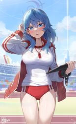  absurdres ako_(blue_archive) ako_(track)_(blue_archive) arm_up blue_archive blue_eyes blue_hair breasts buruma cowboy_shot day female gym_uniform halo highres jacket kokukyukeo large_breasts long_sleeves looking_at_viewer medium_hair official_alternate_costume open_mouth outdoors red_buruma red_jacket see-through shirt solo standing sweat thighs track_jacket v-shaped_eyebrows wet wet_clothes wet_shirt whistle whistle_around_neck white_shirt white_sleeves 