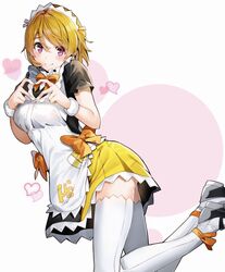  bow bowtie brown_hair closed_mouth commentary female heart heart-shaped_pupils heart_hands highres koizumi_hanayo looking_at_viewer love_live! love_live!_school_idol_project maid maid_headdress mogyutto_&quot;love&quot;_de_sekkin_chuu! nakano_maru orange_bow orange_bowtie pink_eyes short_hair smile solo symbol-shaped_pupils thighhighs thighs white_background white_thighhighs 