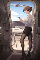  absurdres airbus_a350 aircraft airplane airplane_interior airport bad_id bad_pixiv_id black_pantyhose black_skirt blue_sky boeing_777 brand_name_imitation brown_hair clipboard collared_shirt delta_airlines doorway dress_shirt female flight_attendant hair_bun high_heels highres holding holding_clipboard miniskirt nail_polish original pantyhose pencil_skirt red_eyes senjouhara_nira shirt short_hair singapore_airlines single_hair_bun skirt sky solo standing taking_off travel_attendant vehicle_request white_footwear white_shirt window 