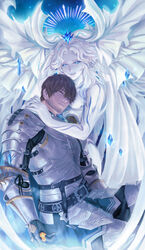  1boy absurdres adventurer_(ff14) armor beard closed_eyes crystal facial_hair female final_fantasy final_fantasy_xiv glowing glowing_eyes highres hug hydaelyn hyur looking_at_another on_(isk1812) paladin_(final_fantasy) sleeping smile spoilers tears warrior_of_light_(ff14) white_hair 