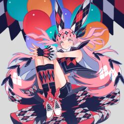  +_+ black_gloves black_ribbon blunt_bangs commentary_request female fingerless_gloves gloves hair_ribbon highres kaneni knees_up long_hair looking_at_viewer midriff original pink_eyes pink_hair print_socks ribbon shoes smile socks solo symbol-shaped_pupils very_long_hair white_footwear 