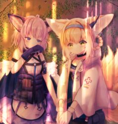  2girls ahoge animal_ears arknights bad_id bad_pixiv_id black_collar black_legwear blonde_hair blue_eyes blue_hairband blue_shirt blush braid brown_hair chrocatz collar commentary_request cosplay costume_switch dress earpiece fox_ears fox_girl fox_tail gloves green_eyes hairband highres infection_monitor_(arknights) jacket kitsune light_rays looking_at_viewer multicolored_hair multiple_girls multiple_tails open_clothes open_jacket outdoors pantyhose pouch purple_dress shirt short_hair sidelocks smile streaked_hair sussurro_(arknights) sussurro_(arknights)_(cosplay) suzuran_(arknights) suzuran_(arknights)_(cosplay) tactical_clothes tail two-tone_dress vest vial white_dress white_gloves white_hair white_jacket 