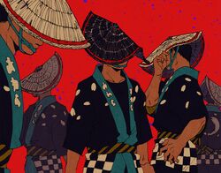  5boys adjusting_clothes adjusting_headwear amigasa arms_at_sides bad_id bad_pixiv_id black_hair black_kimono checkered chin_strap closed_mouth clothes_writing covered_face facing_away flat_color hand_on_own_hip hand_over_face hand_up hat japanese_clothes kimono kotake_(tuvaru) male_focus multiple_boys odd_one_out original petals profile red_background sash short_hair short_sleeves sleeves_past_elbows standing straw_hat striped upper_body 