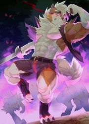  3_toes 4_fingers abs absurd_res anthro anthro_focus arm_wraps bandage biceps black_hair bottomwear canid canine claws clothed clothing digital_media_(artwork) dipstick_ears dusk_lycanroc ear_markings eyewear feet finger_claws fingers fluffy fluffy_tail footwear forest full-length_portrait fur generation_7_pokemon glowing glowing_eyes goggles group hair hi_res holding_melee_weapon holding_object holding_sword holding_weapon kyoto_rex lycanroc male male_anthro male_focus mammal melee_weapon multicolored_body multicolored_ears multicolored_fur multicolored_hair muscular muscular_male neck_tuft night nintendo pecs piercing plant pokemon pokemon_(species) portrait pose shorts solo_focus spiky_hair swimming_goggles sword tail tearing_clothing toe_claws toeless_footwear toes topwear torn_clothing tos_tos_f_ski tree tuft underwear undressing unzipped vest weapon white_body white_fur white_hair wraps yellow_body yellow_eyes yellow_fur zipper 