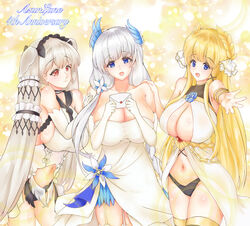  3girls absurdres anniversary azur_lane black_choker black_neckerchief black_neckwear black_panties black_sailor_collar blonde_hair blue_eyes bow breasts center_opening choker clothing_cutout cocktail_dress dress dress_bow dress_flower elbow_gloves envelope evening_gown feather_dress feather_hair_ornament feathers formidable_(azur_lane) formidable_(timeless_classics)_(azur_lane) from_side garter_straps gloves hair_ornament hair_wings highres holding holding_envelope huge_breasts illustrious_(azur_lane) illustrious_(illustrious_ball)_(azur_lane) laurel_crown letter long_hair looking_at_viewer multiple_girls navel navel_cutout neckerchief official_alternate_costume open_mouth panties platinum_blonde_hair red_eyes sailor_collar sleeveless sleeveless_dress standing strapless strapless_dress twintails two-tone_dress two-tone_ribbon underwear veil very_long_hair victorious_(azur_lane) white_dress white_gloves white_hair yuuutsu!!! 